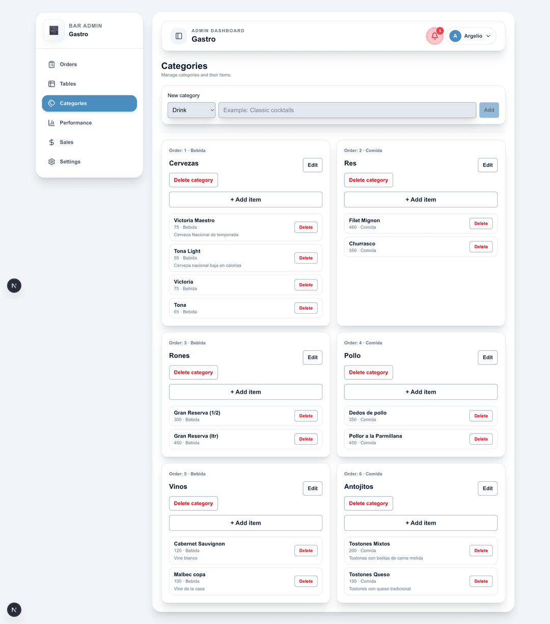 Drinkup dashboard for managing menus and categories