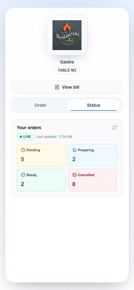 Drinkup mobile view showing order statuses for a table