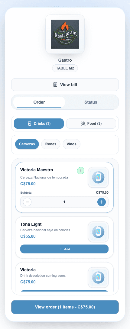 Drinkup guest interface for ordering from the table